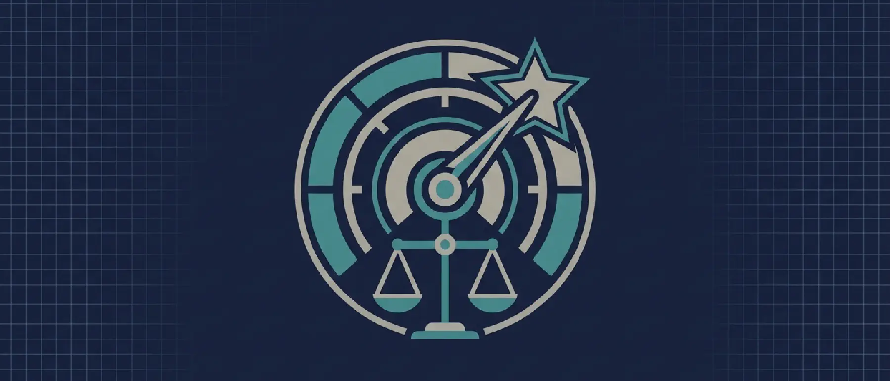 Abstrakte Illustration eines Scoring-Gauges mit Stern und Justizwaage — BGE Score Visualisierung