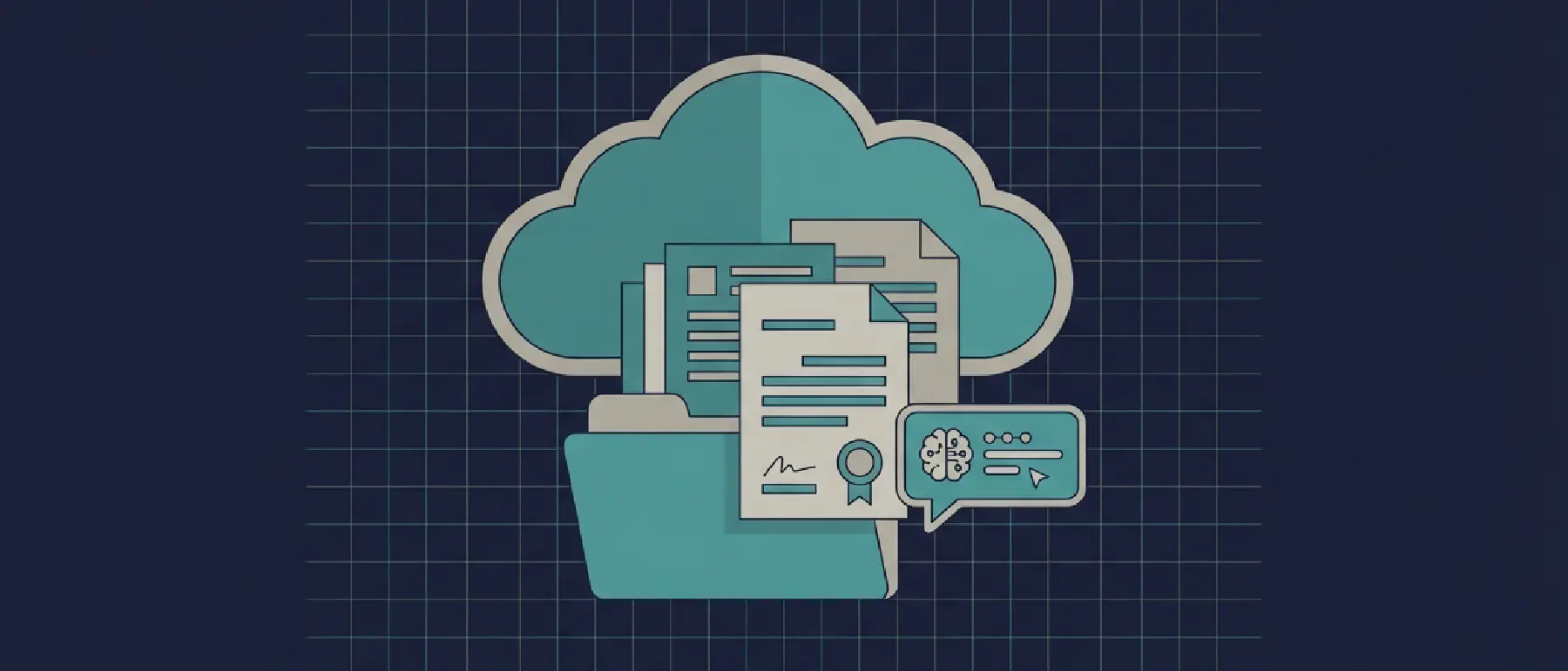 Abstrakte Illustration eines Cloud-Ordners mit Rechtsdokumenten und KI-Assistent