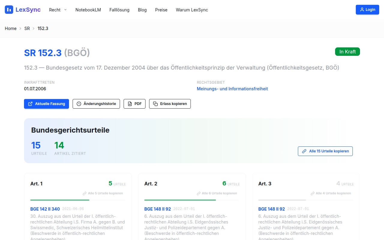 LexSync-Erlassseite: Artikel mit Leitentscheiden und Copy-Button f&uuml;r NotebookLM