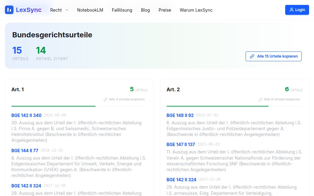 LexSync: Alle BGE zu einem Artikel mit einem Klick kopieren